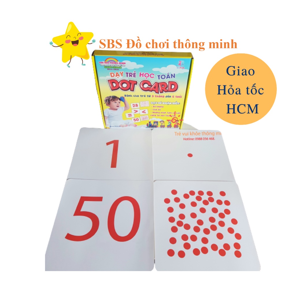 Bộ thẻ chấm 56 thẻ (số từ 0-50 và 5 dấu) Dot card 21x21cm to dày đẹp Giúp con học Toán Flashcard Glenn Doman