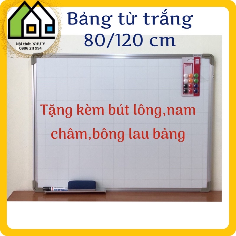 Bảng Từ trắng(80/120cm)nhập khẩu Hàn Quốc (khuyến mại bút lông ,6viên hút từ, nệm lau)