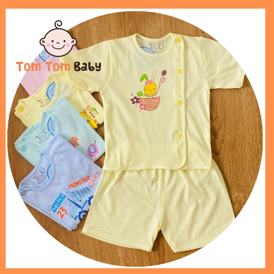 Bộ quần áo sơ sinh cotton JOU - Mẫu Tay Ngắn Cài Lệch Màu, Size 1-3 cho bé sơ sinh - 9kg