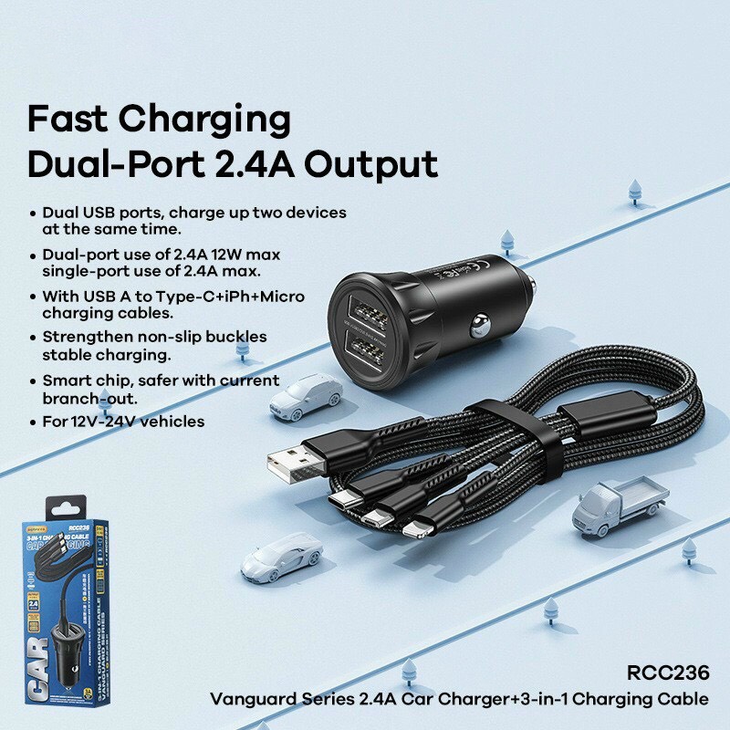 Bộ Tẩu sạc xe hơi + dây sạc 3 đầu chính hãng Remax RCC 236 hỗ trợ sạc 2 thiết bị cùng lúc tối đa 12w dùng cho các xe hơi