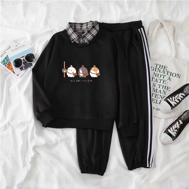 Sét bộ áo nỉ Gren.d. + quần bo gấu đen (sét 2 món), Áo nỉ Unisex from rộng, thiết kế phong cách, Sét bộ mặc ở nhà - MODY