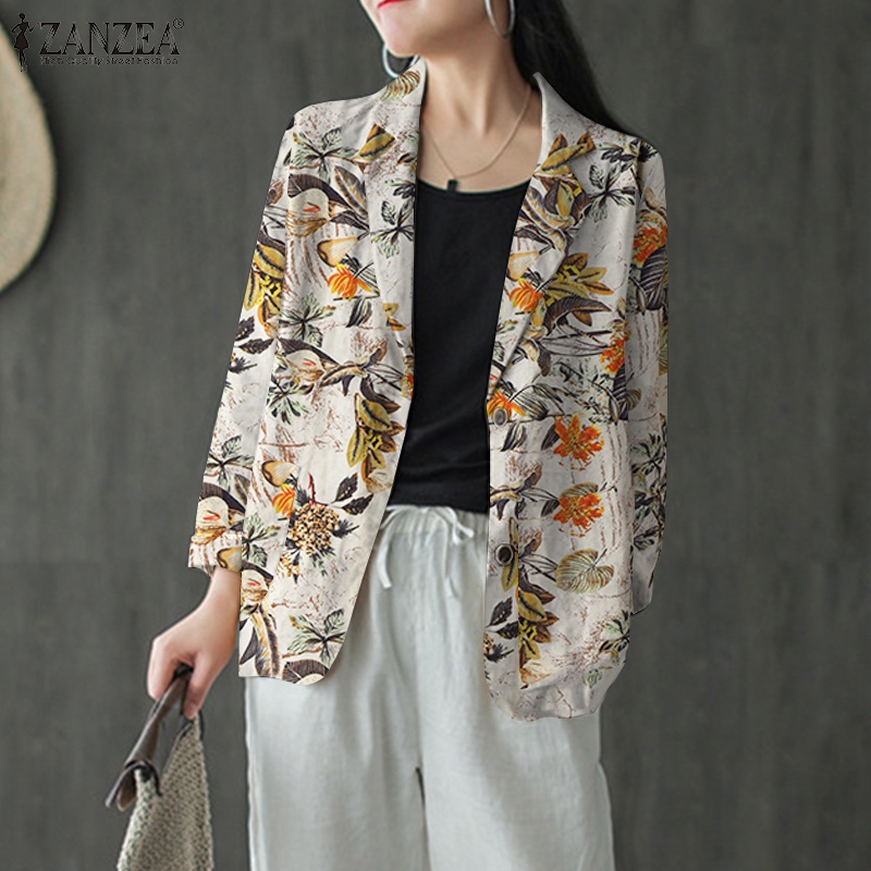 Áo khoác Blazer ZANZEA tay dài cài nút in hình hoa vải cotton thời cổ điển cơ bản cho nữ
