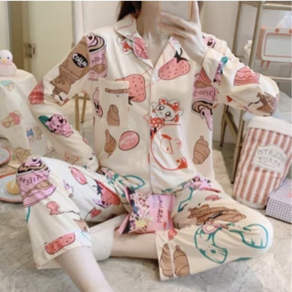 Pijama nữ hoạt tiết vintage phong cách ulzzang dài tay cao cấp - Đồ mặc nhà nữ