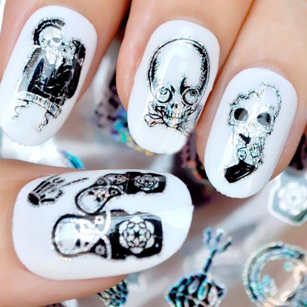 Set 10 Miếng Dán Trang Trí Móng Tay Họa Tiết Đầu Lâu Màu Đen Phong Cách Halloween