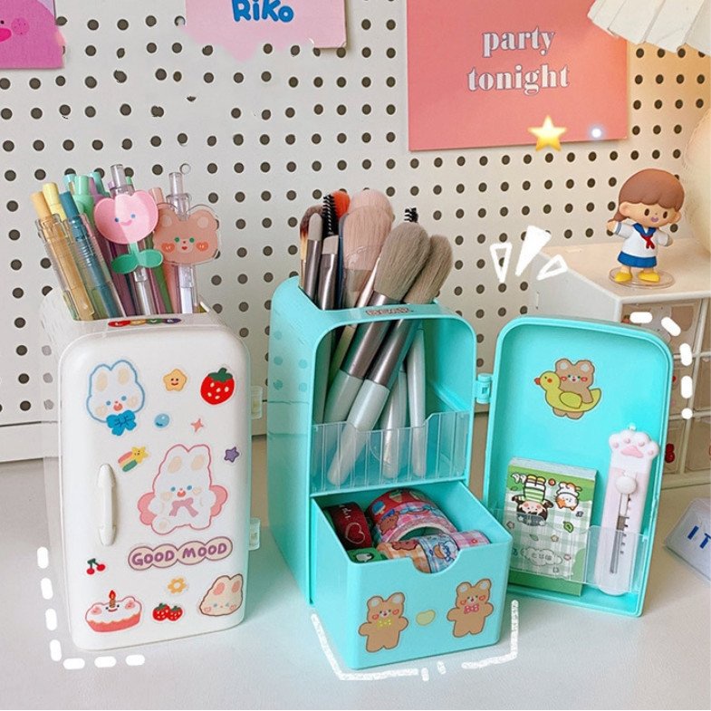 Hộp nhựa đựng đồ đa năng thiết kế tủ lạnh mini cute, Giỏ để mỹ phẩm đồ dùng học tập phong cách Hàn Quốc xinh xắn