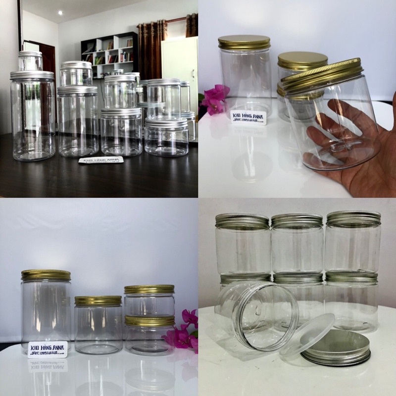 SÉT 5 HỦ ĐỰNG CHIẾT KEM TRONG SUỐT NẮP NHÔM Vàng / Bạc- Hủ Pet  CÓ NẮP LÓT đựng thực phẩm 100g/ 200g/ 300gr/ 500g 750g