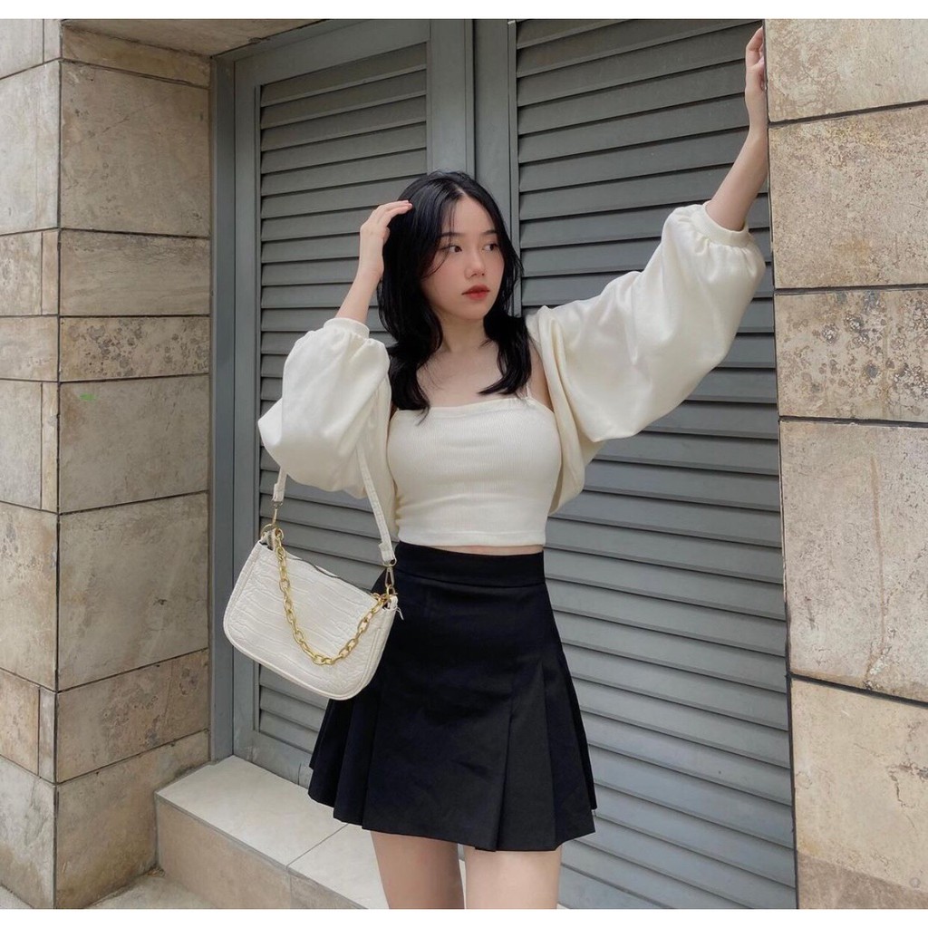 Set 3 món áo 2 dây kèm chân váy xếp ly cạp cao và áo khoác cardigan tay bồng GuuZ
