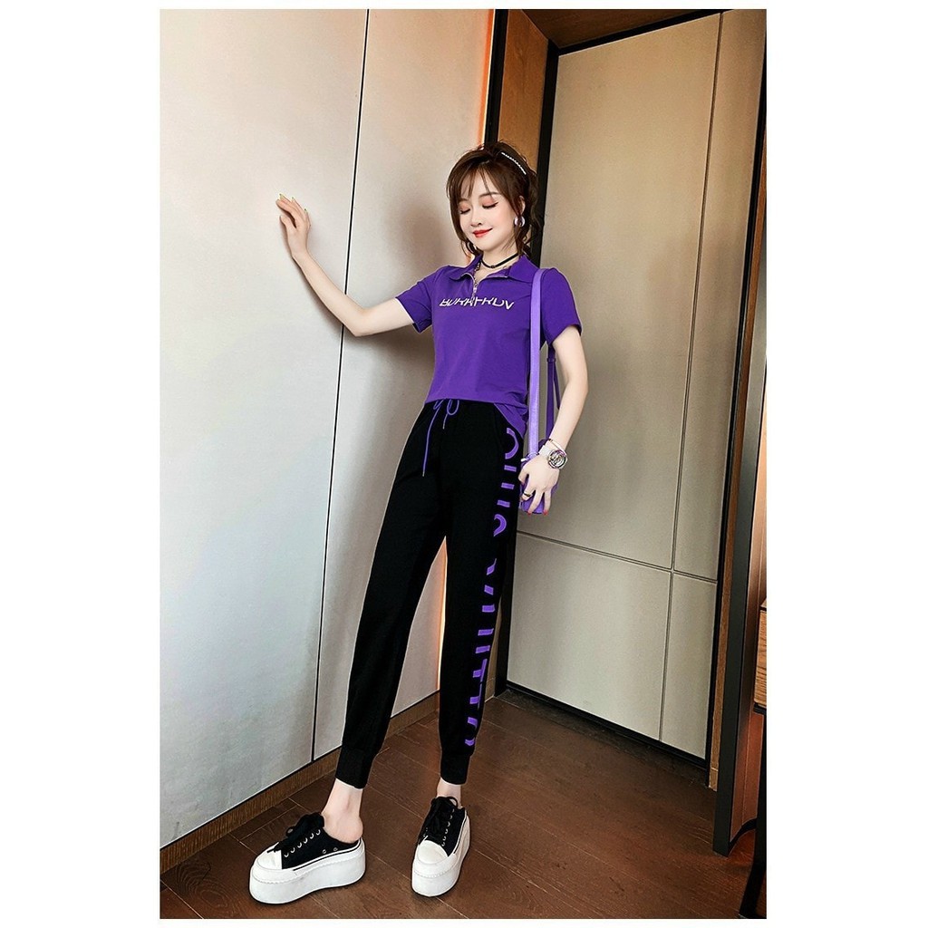 HÀNG QC - SET BỘ THỂ THAO THUN LỤA ĐEN PHỐI TÍM CAO CẤP - ST225