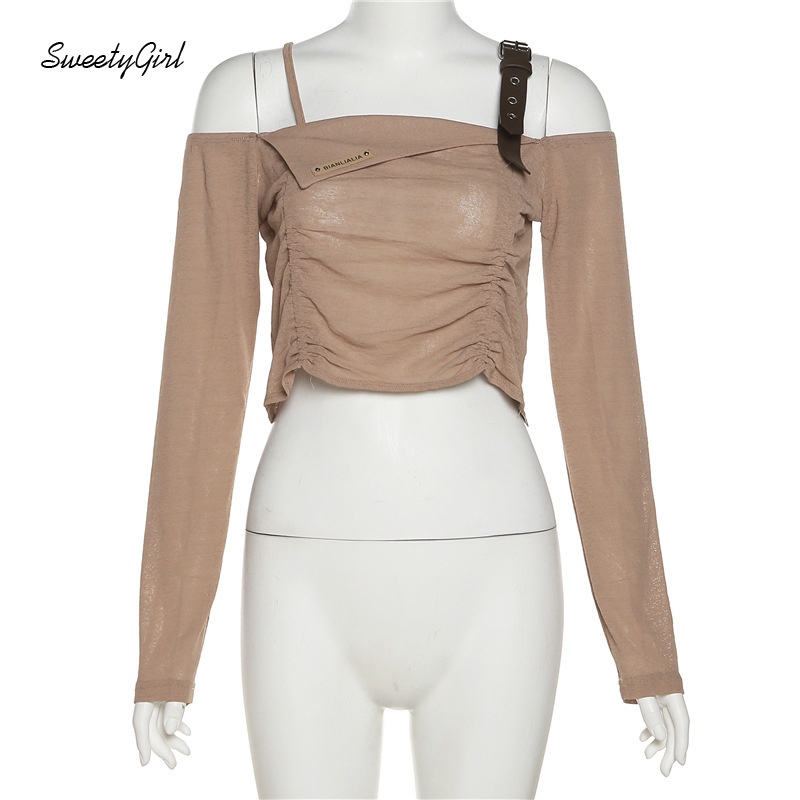 Áo Thun Kaki Tay Dài Hở Vai Dáng Ôm Màu Trơn Thời Trang 2022 Dành Cho Bạn Nữ