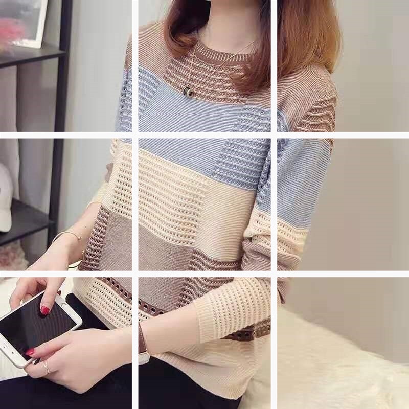 IELGY Áo Thun Tay Dài Họa Tiết Kẻ Sọc Thời Trang Hàn Quốc Dễ Phối Đồ Cho Nữ