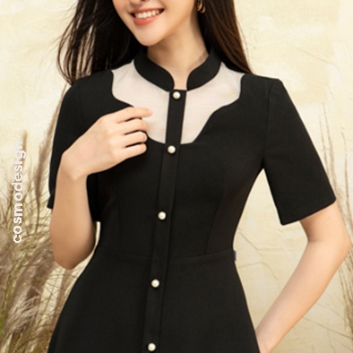 Váy ôm đen COSMO DESIGN pha tơ kem lượn cổ và gấu váy
