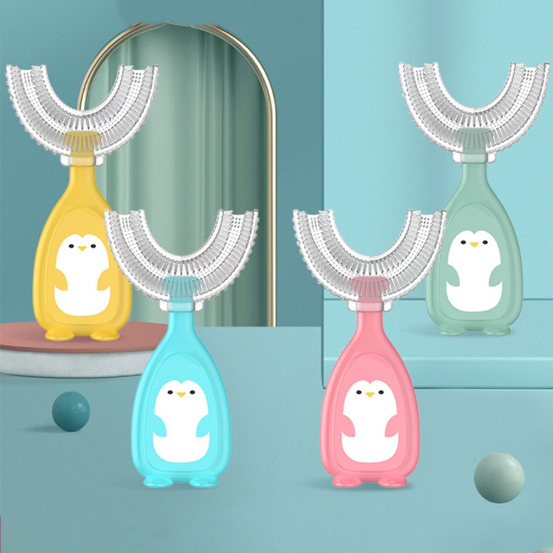 Bàn chải đánh răng mọc nướu hình chữ U gắn hình chim cánh cụt hoạt hình bằng silicone mềm cho em bé