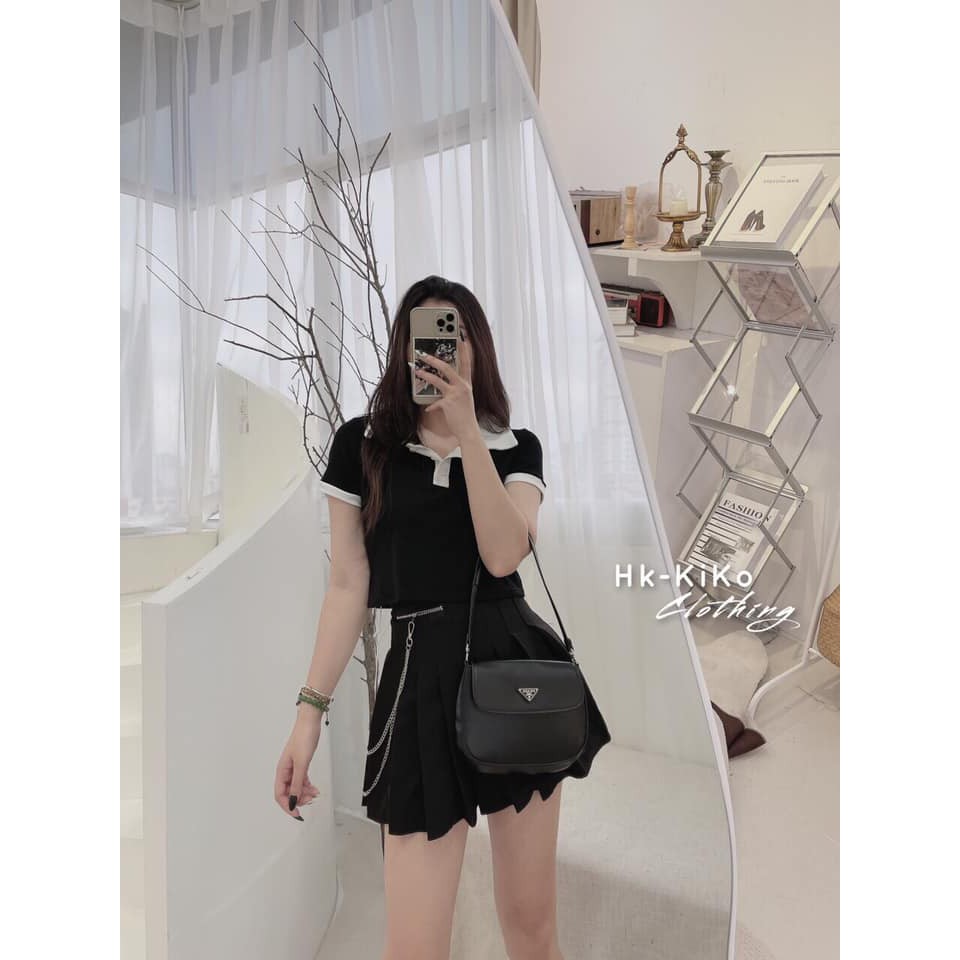 Áo Croptop Plo Nữ - Áo Croptop Cổ Bẻ Ulzzang Pha Viền Cổ