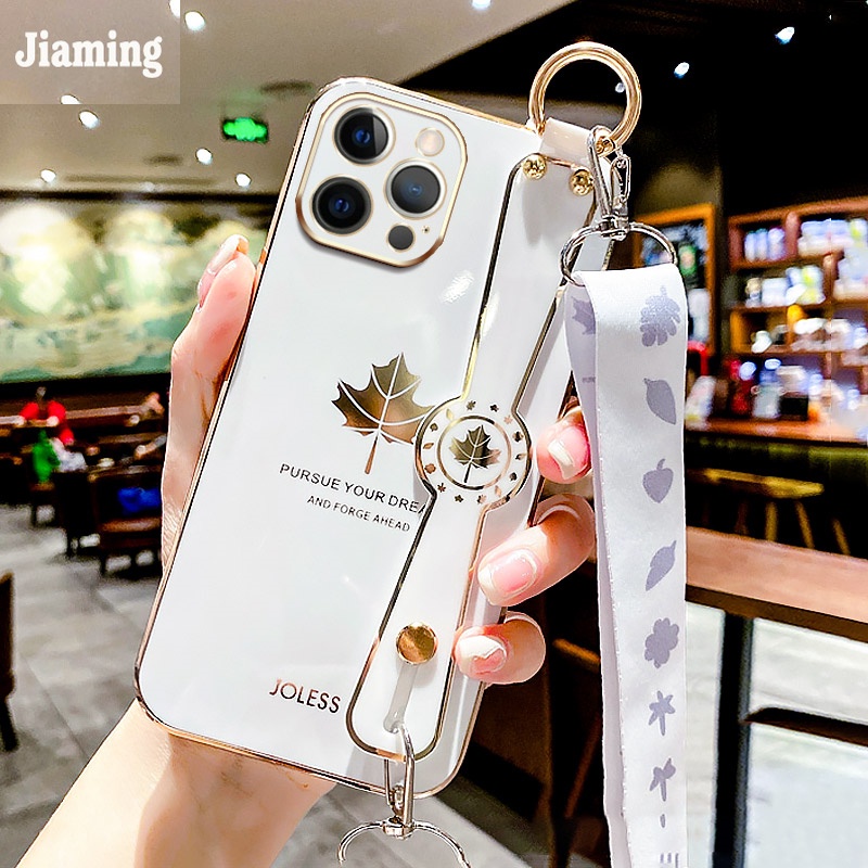 Ốp Điện Thoại Mạ Điện Họa Tiết Lá Phong Sang Trọng Kèm Giá Đỡ Và Dây Đeo Cho iPhone 11 12 13 Pro Max