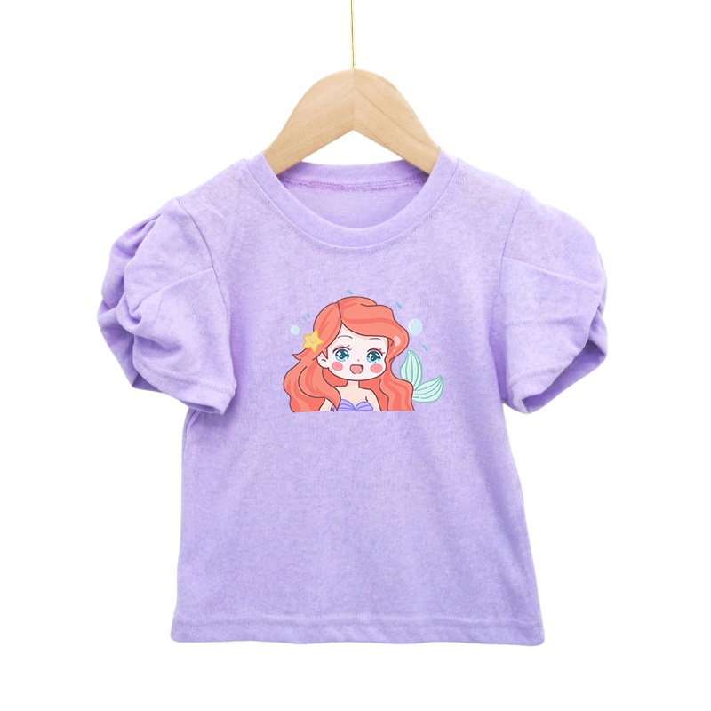 Áo Thun Cotton Tay Phồng Họa Tiết Hoạt Hình Xinh Xắn Dành Cho Bé Gái
