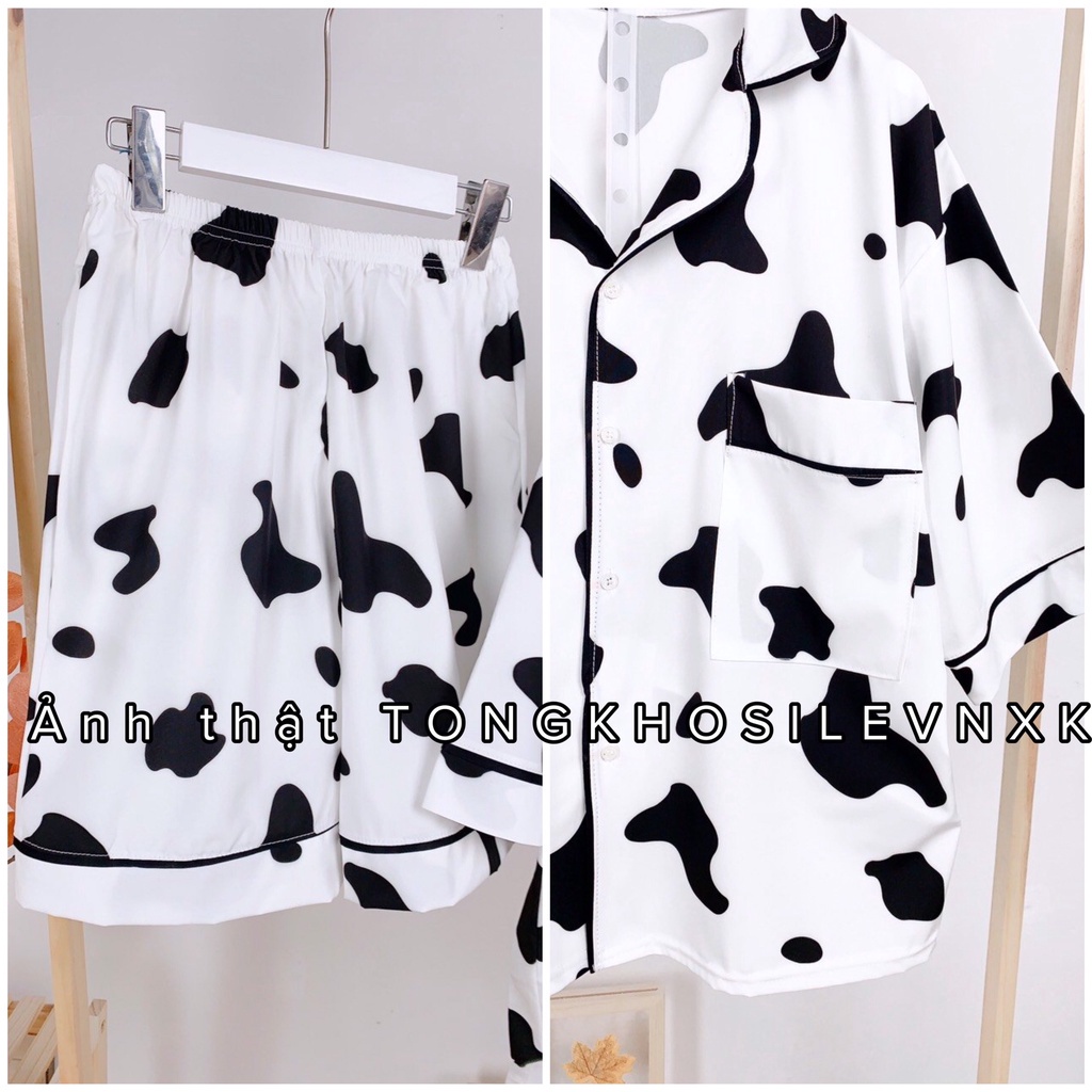 Bộ Ngủ Pyjama Bò Sữa Form Rộng Nam Nữ Unisex Chất Đũi - Set Áo Pijama Cổ Bẻ Quần Short Hàng Đẹp