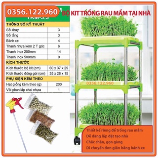 Bộ kit Kệ Khay trồng rau mầm 3 khay 3 tầng bao gồm: Giá đỡ có 4 bánh + 3 Khay trồng + 200g Hạt giống + Vòi xịt nước.