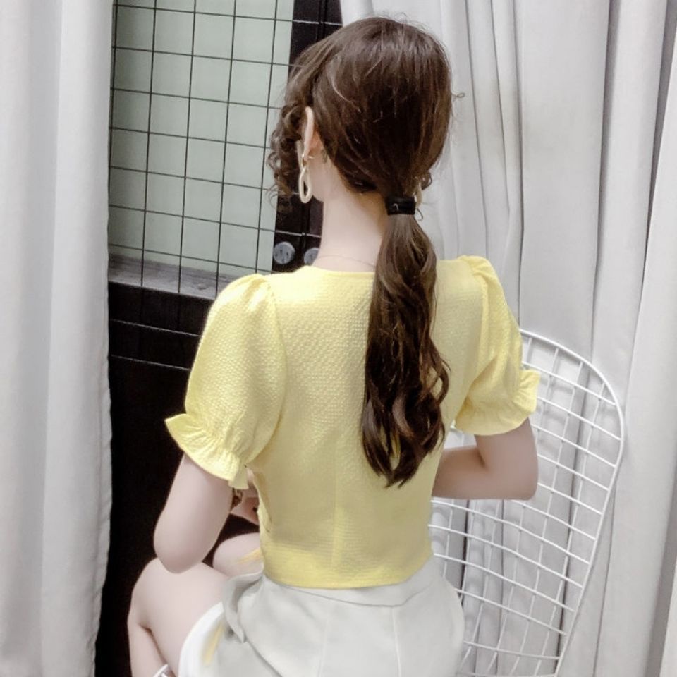 AMOI Áo Chiffon Tay Ngắn Cổ Chữ V Phối Dây Rút Thời Trang Phong Cách Phương Tây Cho Nữ