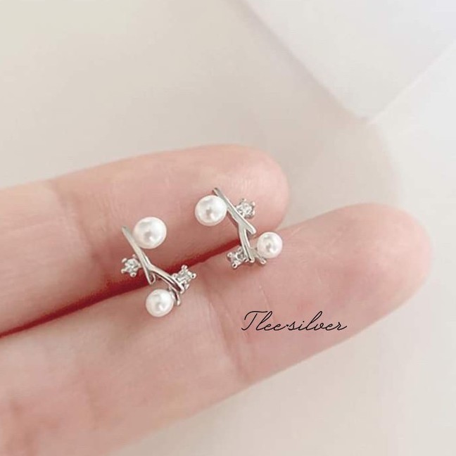 Khuyên tai bạc nữ TLEE cành lá đính ngọc trai nhân tạo nữ tính TleeJewelry B0173