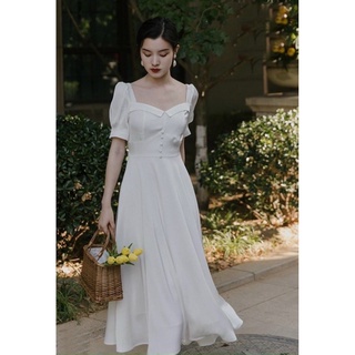 Đầm midi trắng form dài nẹp cổ, váy thu đông, váy du lịch xuongvnxk vnxk
