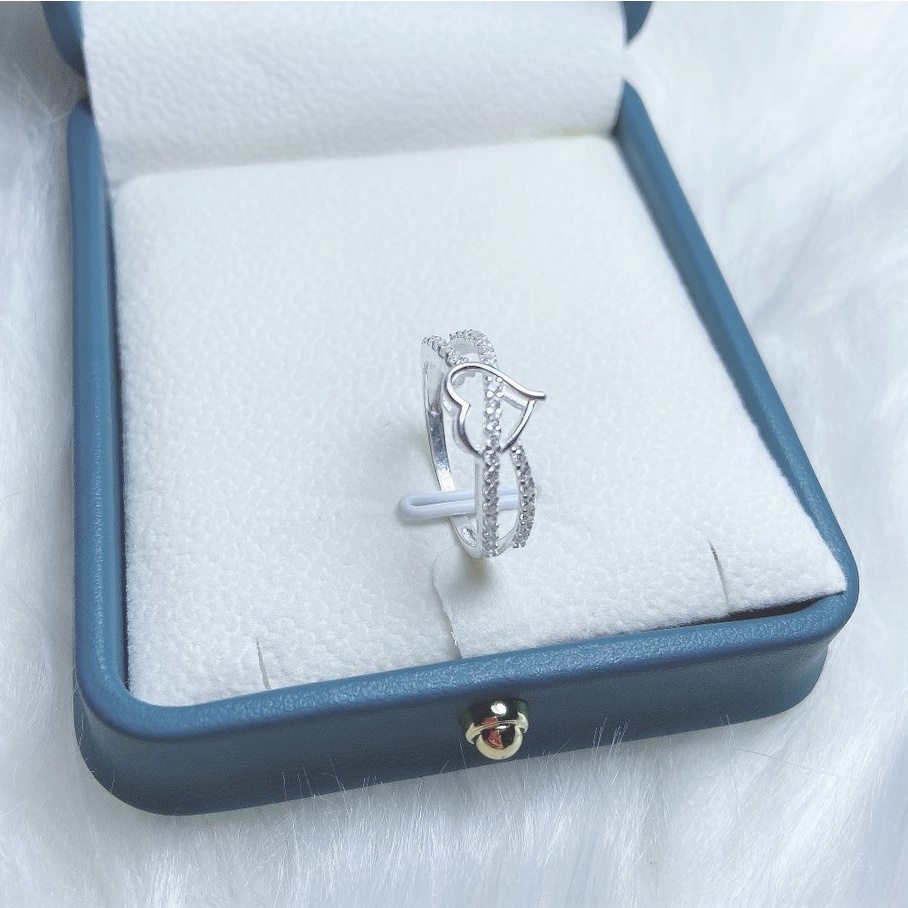 Nhẫn bạc nữ 2 hàng đá đan chéo mặt trái tim, chất liệu bạc ta cao cấp - Trang sức bạc Evasilver