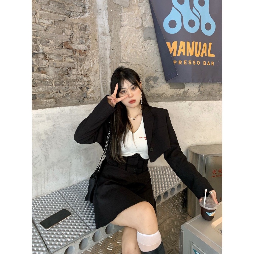 Set Áo Khoác Phối Chân Váy Màu Đen Thời Trang Mùa Thu Cho Nữ