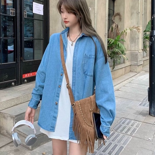 ZHELIHANGFEI Áo Sơ Mi Denim Tay Dài Form Rộng Theo Phong Cách Preppy Dễ Phối Đồ