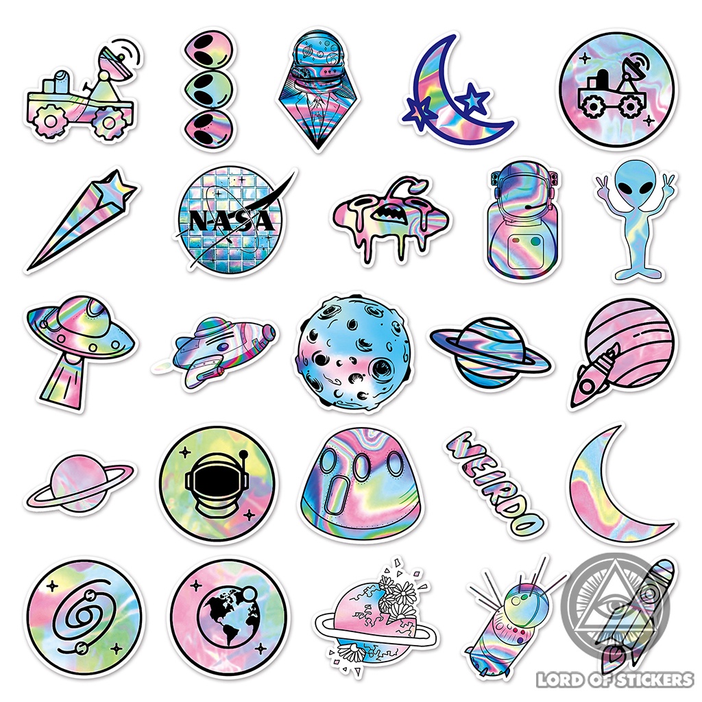 Set 50 Nhãn Dán Chủ Đề Vũ Trụ Sticker Cute Holographic Phong Cách Hoạt Hình Chống Thấm Nước Dán Mũ Bảo Hiểm, Laptop, Sổ