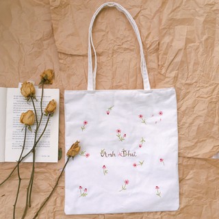 Túi vải tote thêu hoa và tên vintage dành cho nữ