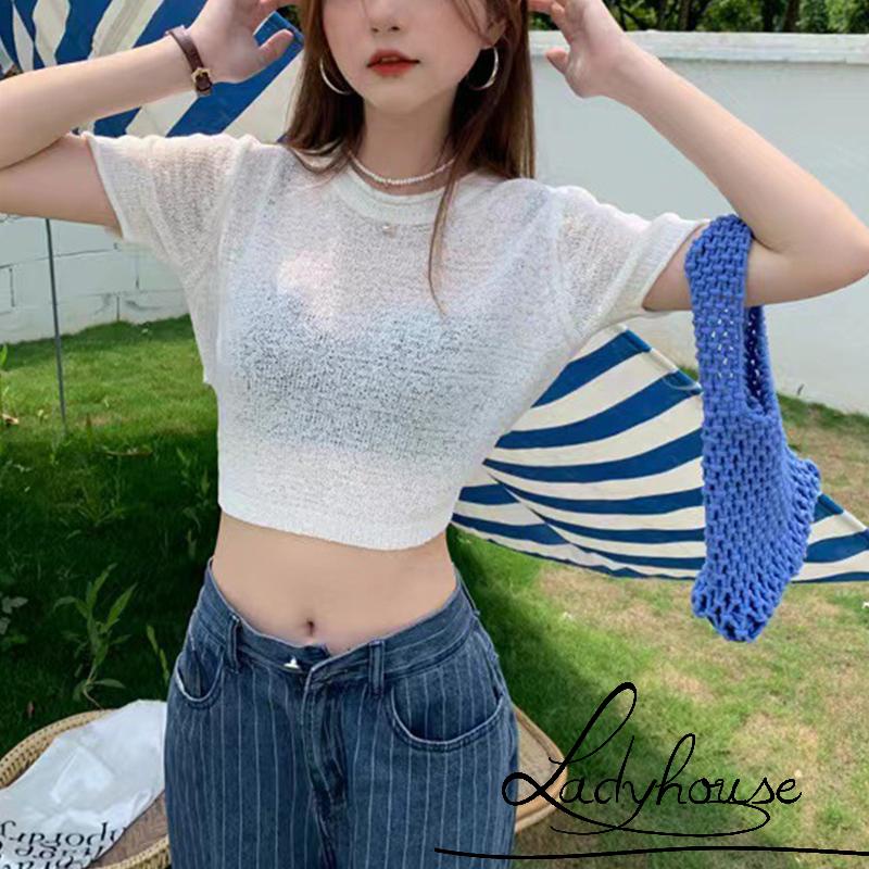 Áo Thun Crop Top Tay Ngắn Cổ Tròn Màu Trơn Xuyên Thấu Thời Trang Mùa Hè Cho Nữ