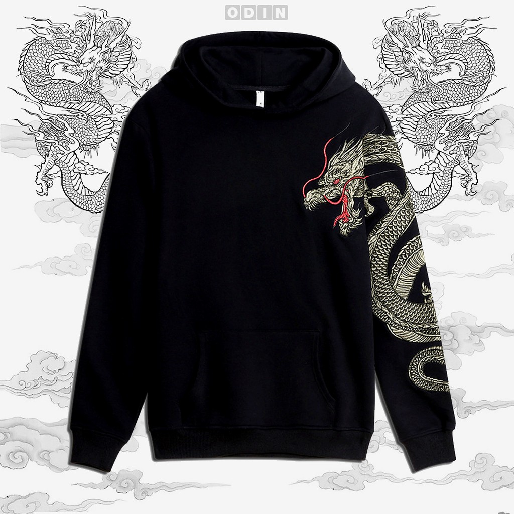 [HOODIE THÊU] ÁO HOODIE NỈ THU ĐÔNG THÊU - ÁO HOODIE ĐEN NỈ THÊU HÌNH RỒNG