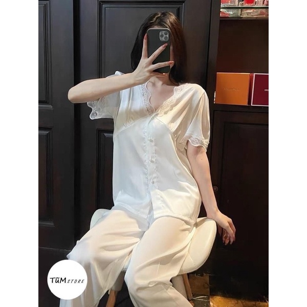 Bộ lụa cổ ren tay ngắn