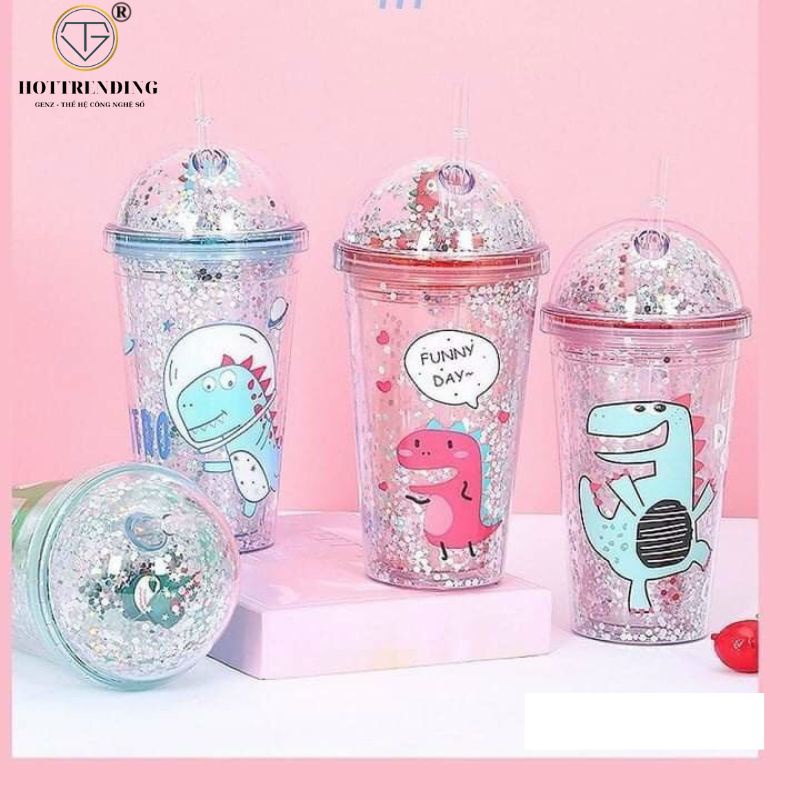 Ly Giữ Nhiệt 2 Lớp Khủng Long Kim Tuyến 500ml Có Ống Hút Hot Trending 2022