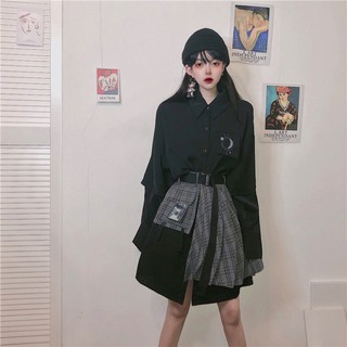 Set áo sơ mi tay dài form dài cá tính + váy ngắn xếp li tạp dề có nịch ulzzang ( 2 màu )