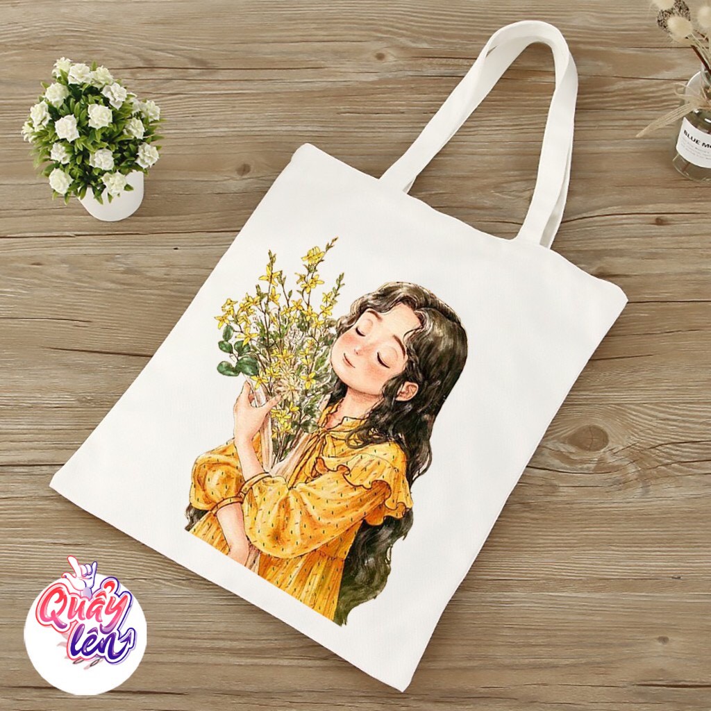 Túi tote vải canvas họa tiết cô gái dễ thương có khóa miệng