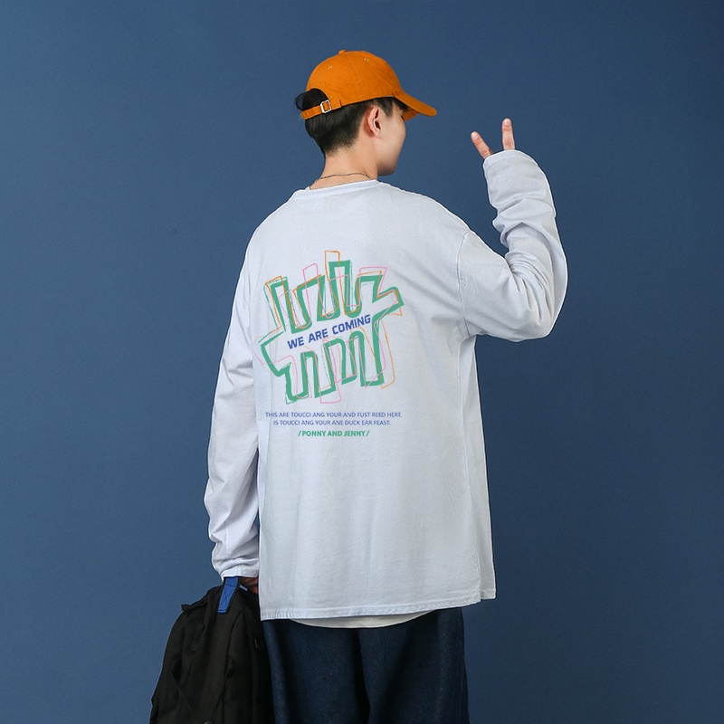 Áo thun tay dài dáng rộng in chữ graffiti phong cách Hàn Quốc thời trang cho nam size M-5XL