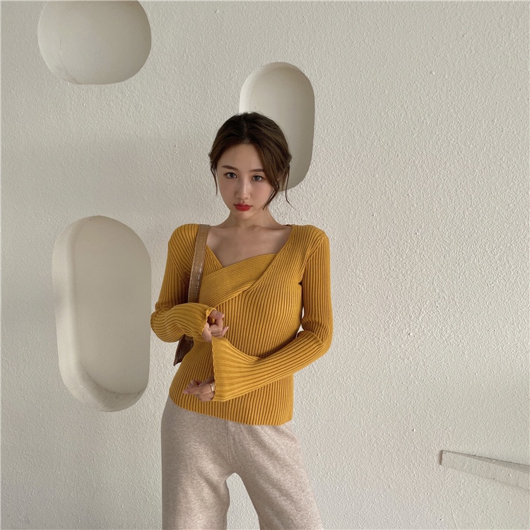 【ZHELIHANGFEI】Áo Sweater Dệt Kim Tay Dài Thiết Kế Cổ Chữ V Thanh Lịch