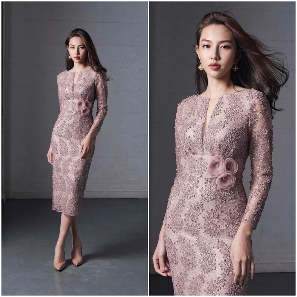 Đầm body dài dự tiệc hồng tay dài nơ eo _ AUTUM