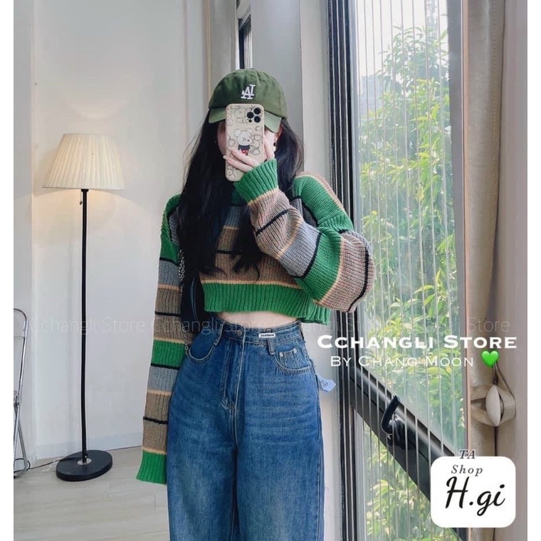 Áo len phối xanh croptop dài tay thu đông dáng rộng