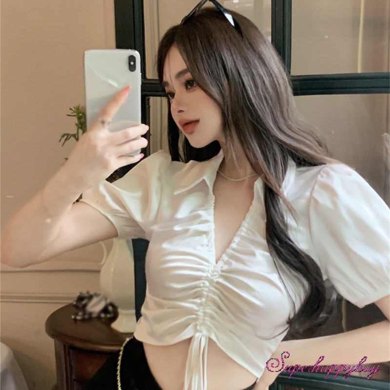 Áo Sơ Mi Tay Phồng Ngắn Cổ Bẻ Phối Dây Rút Thời Trang Cho Nữ