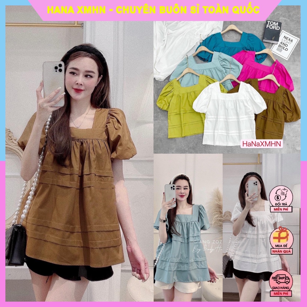 [BÁN SỈ] Áo kiểu nữ, Áo Babydoll Cổ Vuông Tay Bồng Mix Chân Váy, Quần Đùi Jeans Khoẻ Khoắn