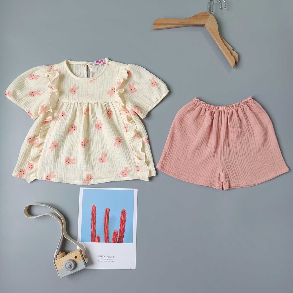 Đồ bộ bé gái tay đùi MIKO hồng xanh nâu vải xô muslin mẫu BOO
