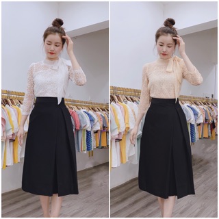 Set áo sơ mi ren buộc nơ mix chân váy tà chéo(có bán rời)