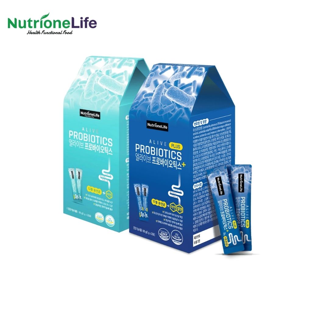 Combo 2 Hộp Men Vi Sinh NUTRIONELIFE Alive Probiotics Và Dòng Plus Cải Thiện Rối Loạn Tiêu Hóa, Tăng Hấp Thu 30 Gói/Hộp