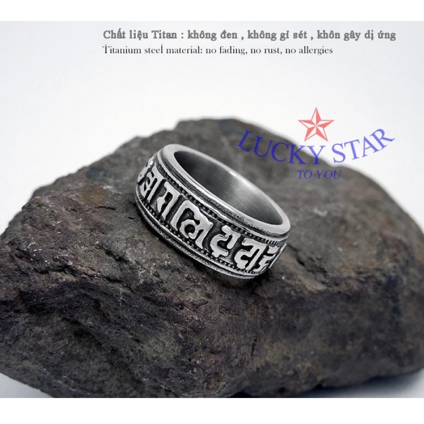 Nhẫn TiTan Khắc Om Mani Padme Hum đeo mãi mãi vĩnh viễn không đen