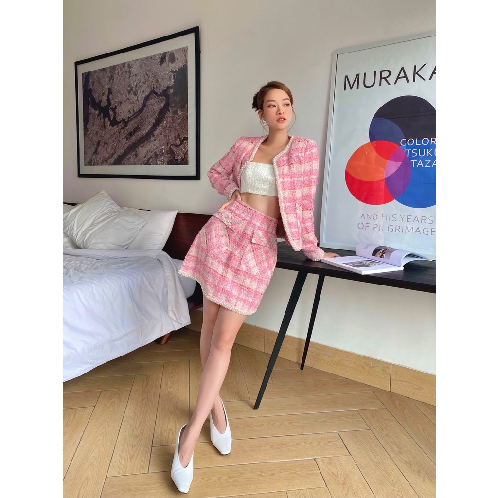 Set áo vest tweet hồng và chân váy chữ A HUONG BOUTIQUE HBVEST133 | BigBuy360 - bigbuy360.vn