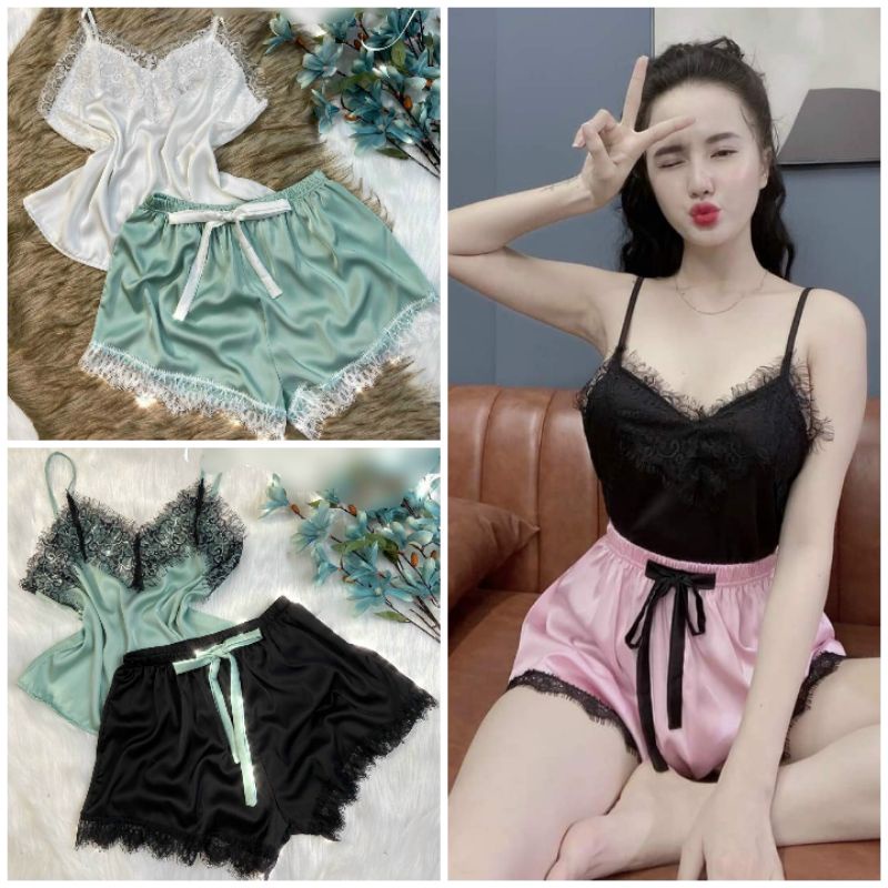 Đồ Ngủ, Đồ Bộ, Pijama Nữ Áo 2 Dây Quần Đùi Phối Ren Lụa Latin Freesize