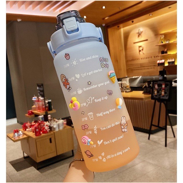 Bình nước chia vạch FREESHIP Bình nước 2l có ống hút nhiều màu kèm sticker siêu đẹp