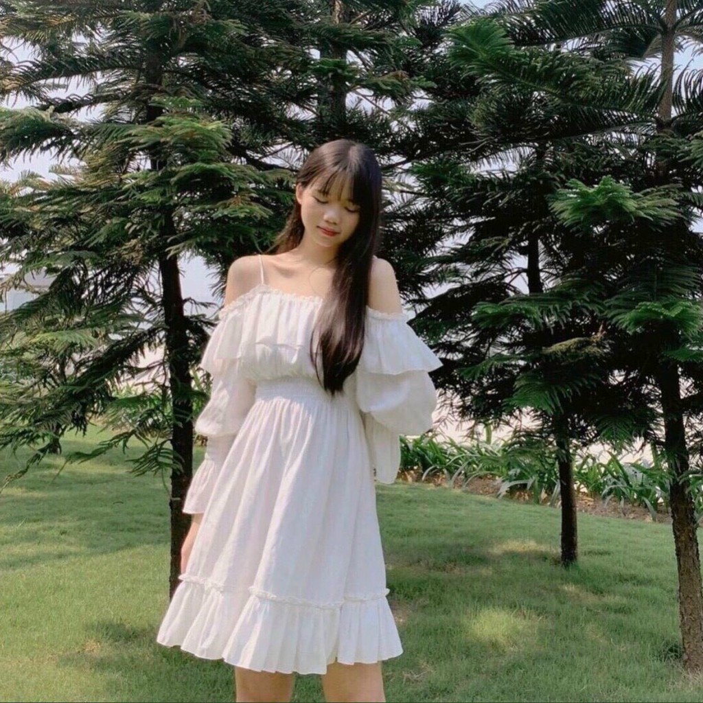 Váy đầm nữ dáng xòe kiểu trễ vai phối bèo dễ thương