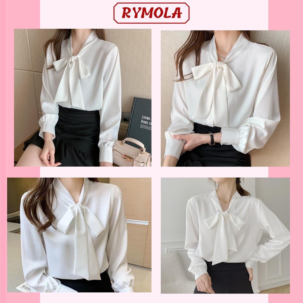 Áo Sơ Mi Kiểu Công Sở Đẹp MOLA Tay Dài Cổ Thắt Nơ Màu Trắng Chất Lụa Cao Cấp From Rộng Hàn Quốc Ulzzang Vintage A1T